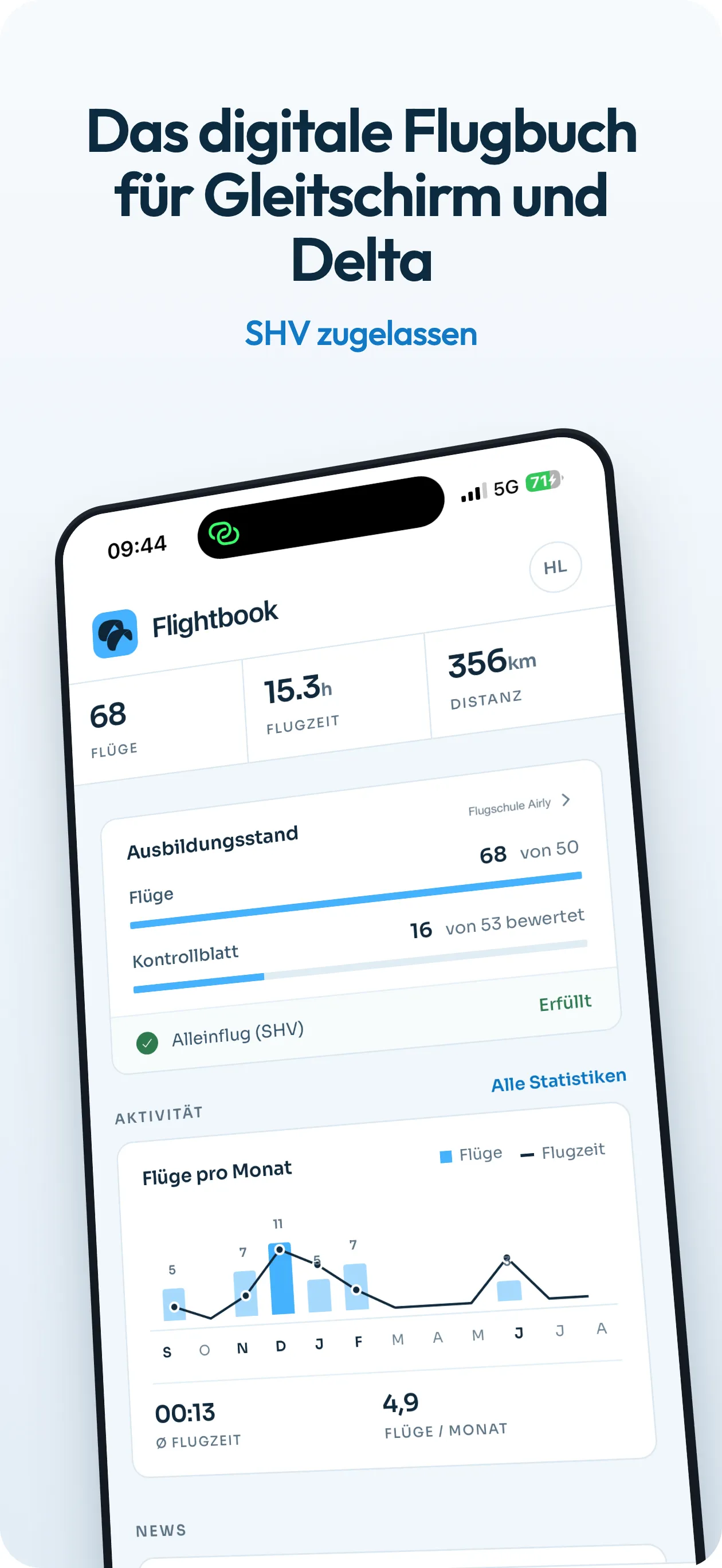 Flightbook App Startseite - Übersicht der Flugverwaltung
