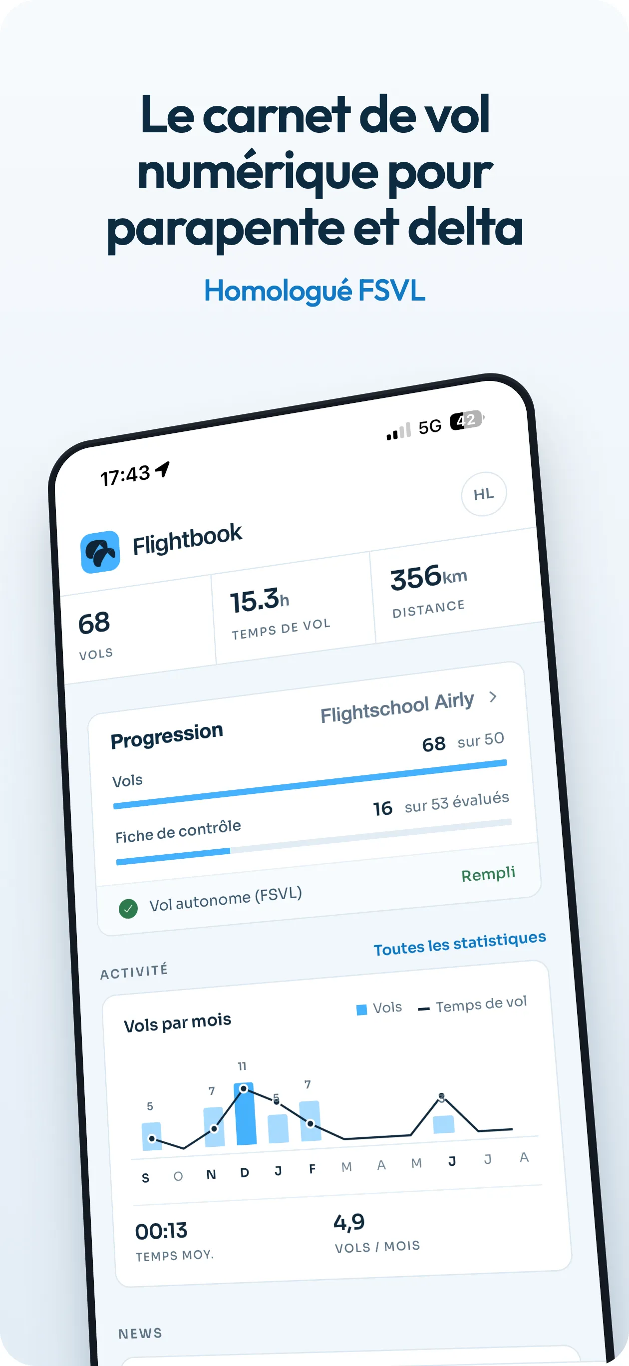 Page d'accueil de l'app Flightbook - aperçu de la gestion des vols